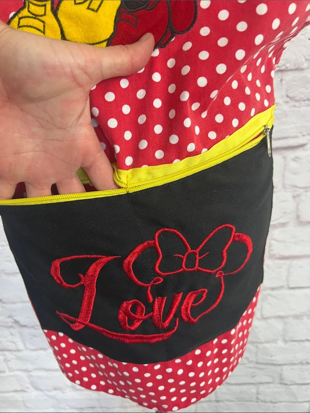 Handmade Red Polka Dot Mickey & Minnie Apron with Black 'Love' Pocket